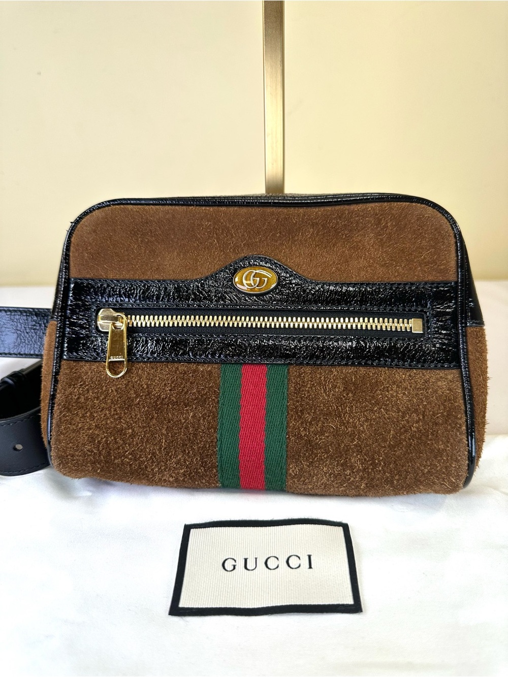 Gucci Ophidia Small Belt Bag Brown Suede Black Patent 85/34, 29.5-37.5” COA